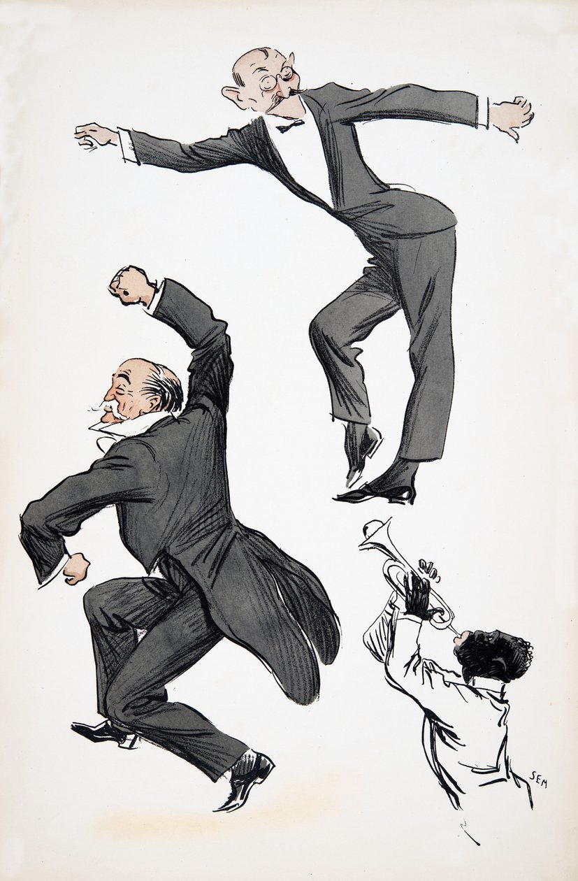 Iäkkäämpi herrasmies frakkipuvussa ja nuorempi herrasmies mustassa solmiossa tanssivat trumpettia soittavan muusikon tahdissa, White Bottoms, pubi. 1927 (värikuvio) tekijältä Sem