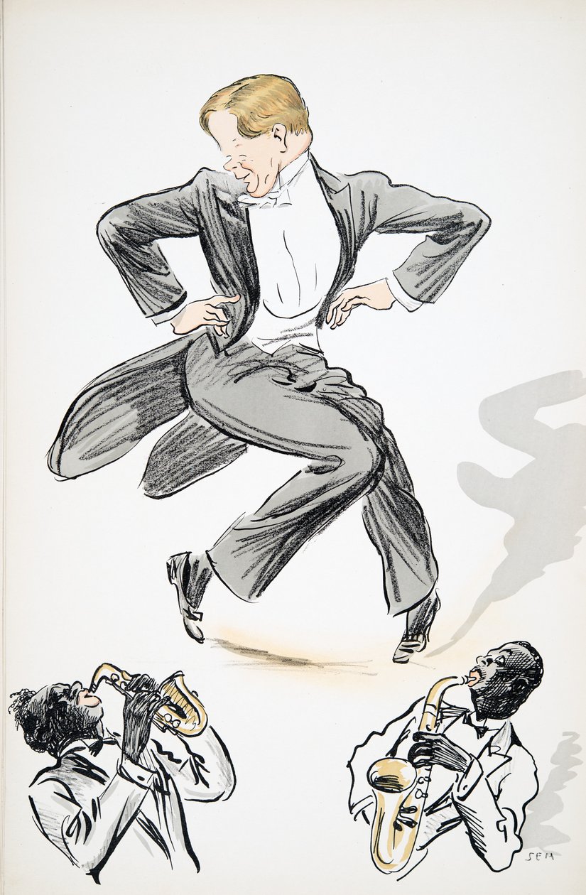 Herrasmies frakissa ja valkoisessa solmiossa tanssii kahden saksofonia soittavan muusikon tahdissa, White Bottoms, pubi. 1927 (värikuvio) tekijältä Sem
