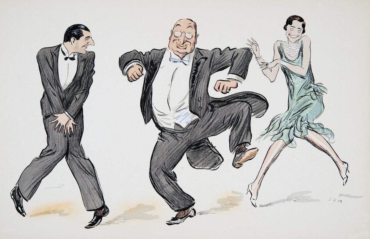 Yksi herrasmies mustassa solmiossa, toinen herrasmies valkoisessa solmiossa ja frakissa ja nainen vaaleanvihreässä flapper-mekossa ja helmissä tanssivat Charlestonia White Bottomsista, pubista. 1927 (värikuvio) tekijältä Sem
