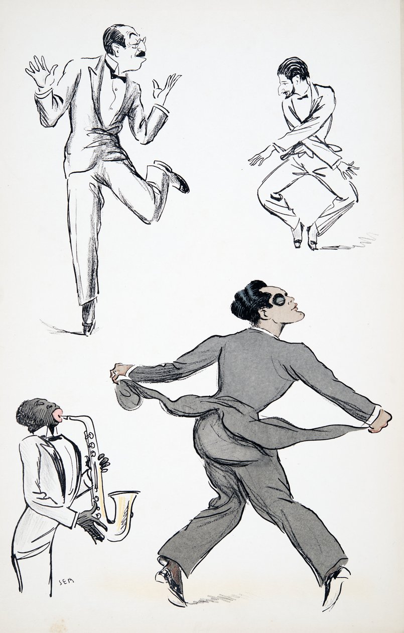 Kolme herrasmiestä mustassa solmiossa esittävät liikkeitä Charlestonista saksofoniin, White Bottomsista, pubista. 1927 (värikuvio), White Bottoms, pub. 1927 (värikuvio) tekijältä Sem