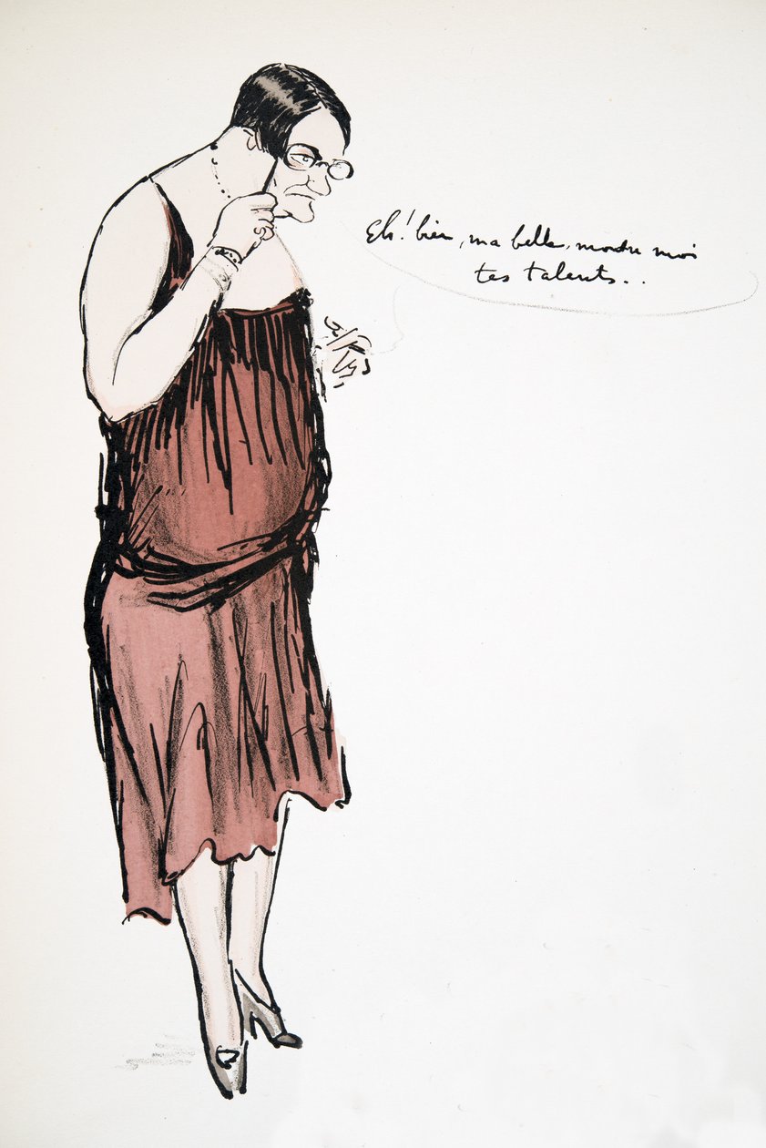 Transvestiitti punaisessa mekossa ja Pince-Nez, White Bottoms, pub. 1927 (värikuvio) tekijältä Sem