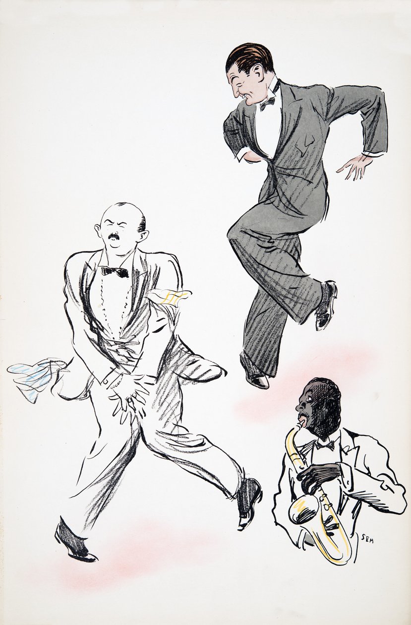 Kaksi mustaan solmioon pukeutunutta herrasmiestä tanssii jazzia, jota soittaa muusikko saksofonilla, White Bottomsista, pubista. 1927 (värikuvio) tekijältä Sem