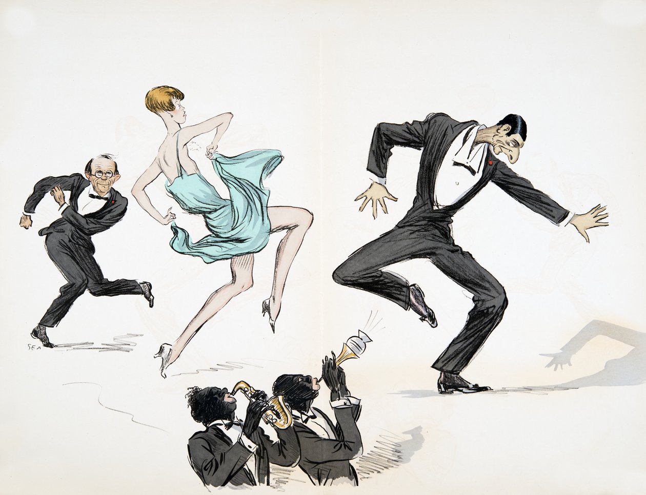 Kaksi mustaan solmioon pukeutunutta miestä ja kirkkaan siniseen mekkoon pukeutunut nainen tanssivat kahden muusikon soittaessa jazzia puhallinsoittimilla, White Bottoms, pubi. 1927 (värikuvio) tekijältä Sem