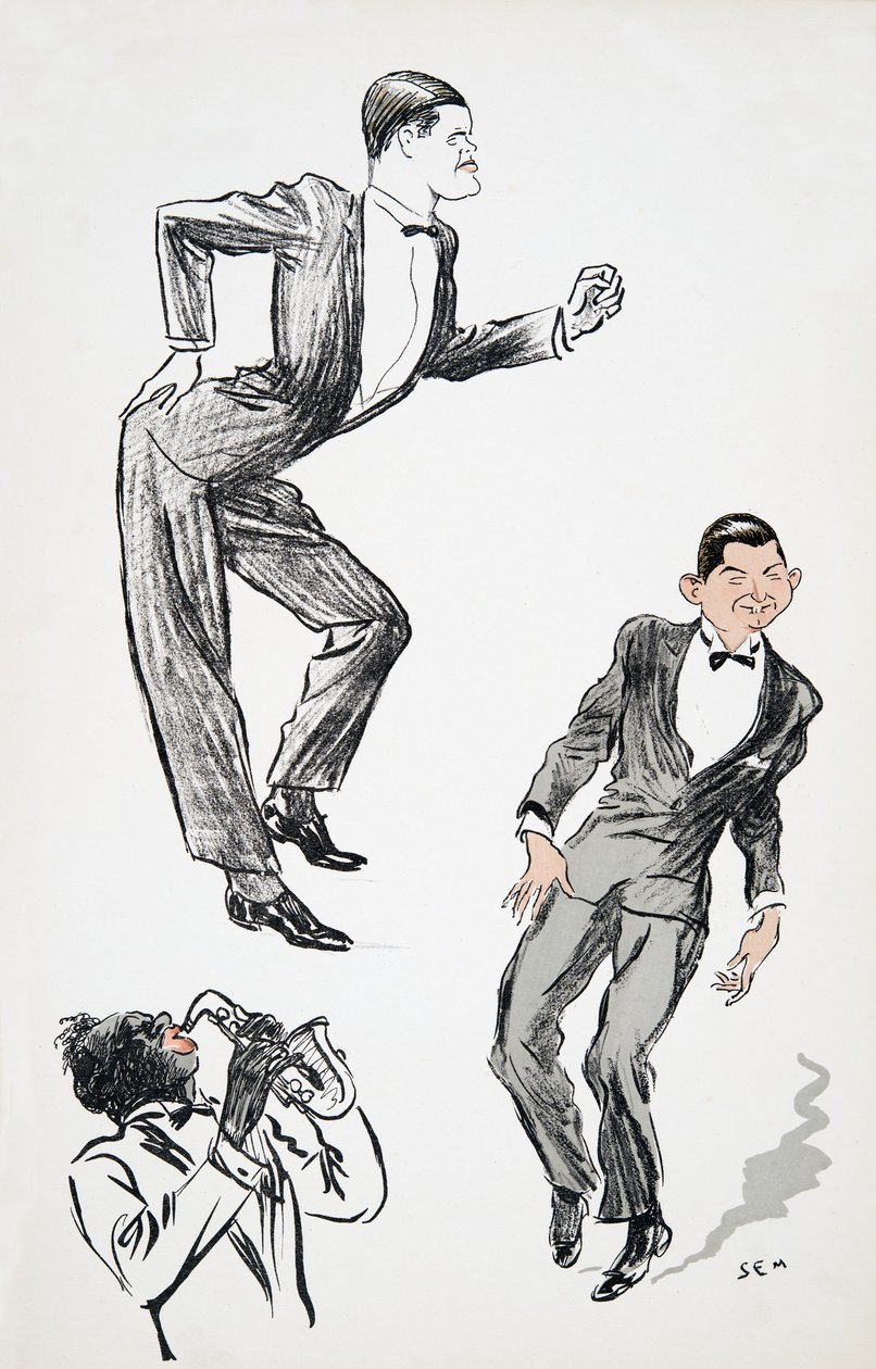 Kaksi mustaan solmioon pukeutunutta miestä tanssii saksofonilla soittavan muusikon tahdissa, White Bottoms, pub. 1927 (värikuvio) tekijältä Sem