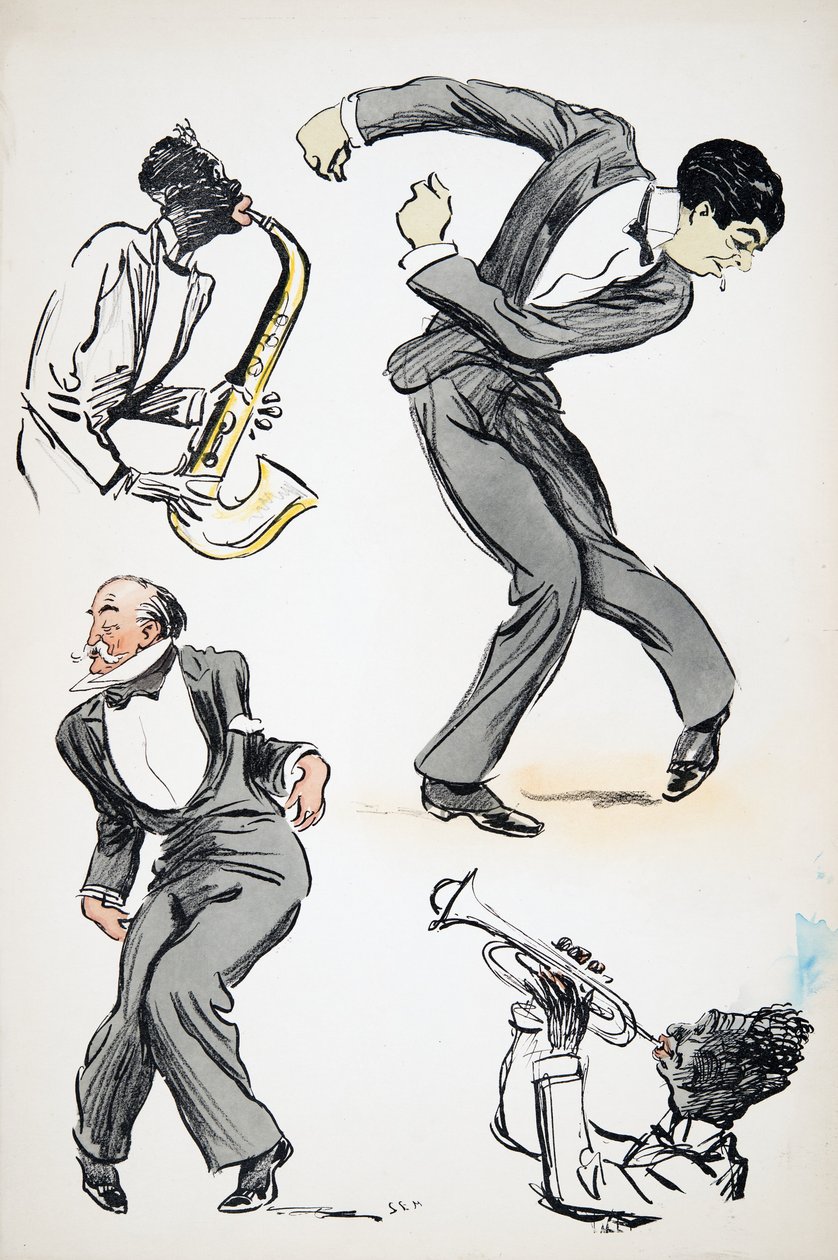 Kaksi pukumiestä tanssii kahden muusikon soittaessa saksofonia ja trumpettia, White Bottoms, pubi. 1927 (värikuvio) tekijältä Sem