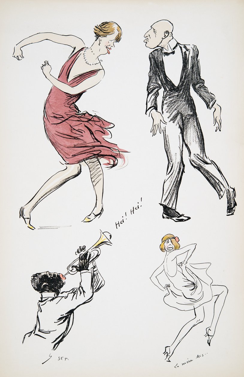 Kaksi transvestiittia ja mies mustassa solmiossa tanssimassa saksofonin tahtiin, White Bottoms, pubi. 1927 (värikuvio) tekijältä Sem