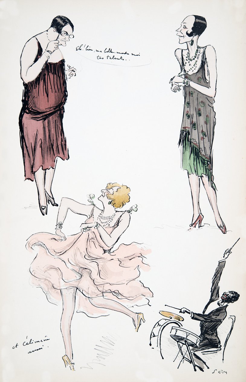Kaksi transvestiittia keskustelemassa, kun toinen tanssii rumpuja soittavan muusikon tahtiin, White Bottoms, pubi. 1927 (värikuvio) tekijältä Sem