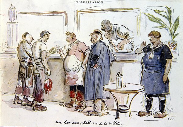 Baari Abattoirs de la Villettessä, n. 1925-1930 (värilitho) tekijältä Sem
