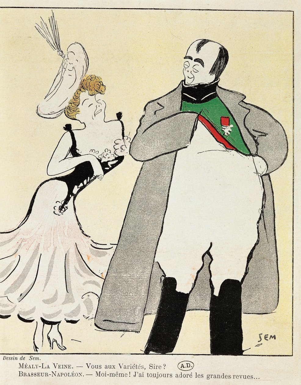 Näyttelijä Albert Bresseur 1901 (1862-1932) Napoleonin roolissa Madame Sans-Genessä, Victorien Sardou (1831-1908), karikatyyri vuodelta 1893 (kuva) tekijältä Sem