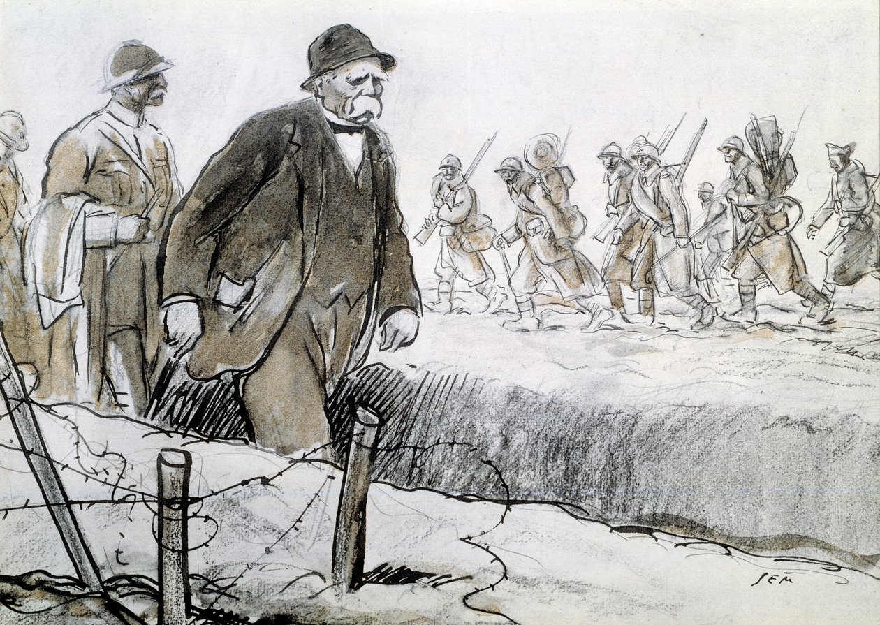 Ensimmäinen maailmansota: Clemenceaun (1841-1929) muotokuva kotelossa vierailemassa edessä. Georges Goursat dit Semin piirustus (1863-1934) tekijältä Sem