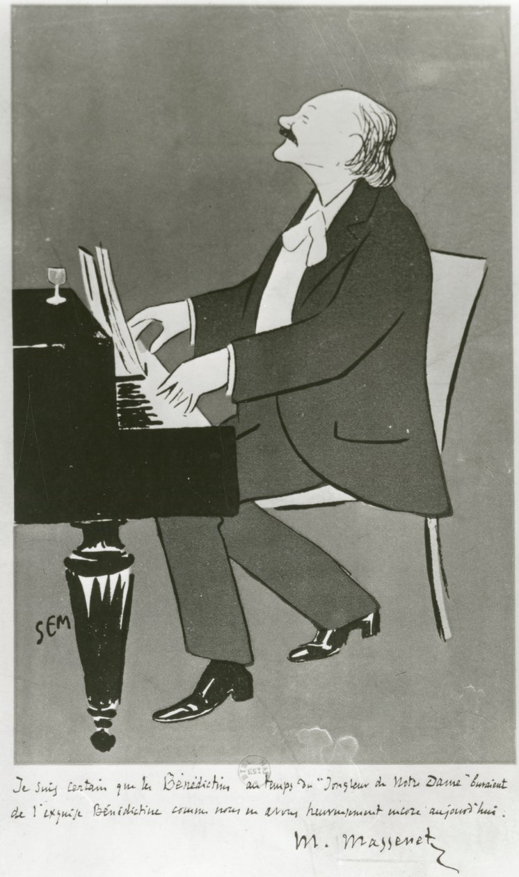 Ranskalainen säveltäjä Jules Massenet soittaa (piirustus) tekijältä Sem