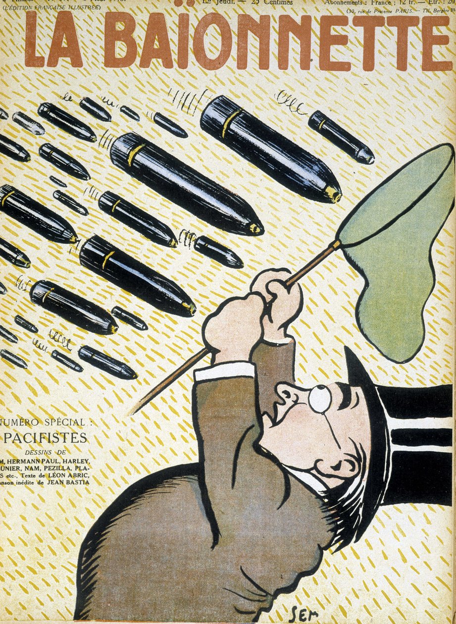 Mies yrittää napata kuoria perhosverkolla - kirjoittanut Sem (1863 - 1934), teoksessa "" La Bayonet: les pacifistes" 3.8.1916. tekijältä Sem