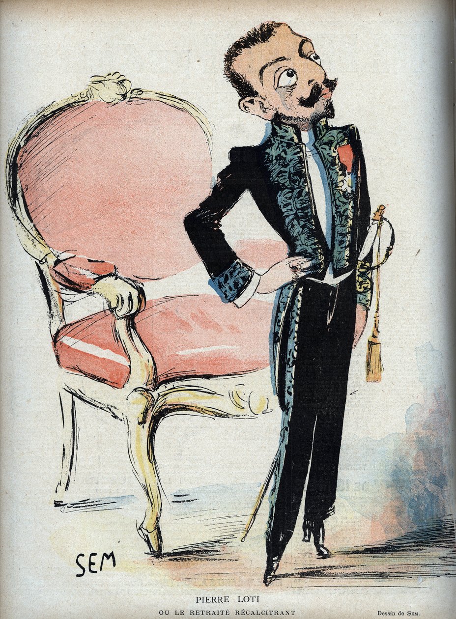 Pierre Loti (1850-1923) tai vastahakoinen vetäytyminen - (Ranskan akatemian vihreässä mekossa) - SEM:n (Georges Goursat) (1863-1934) karikatyyri elokuvassa "" Le rire de 1898 - tekijältä Sem