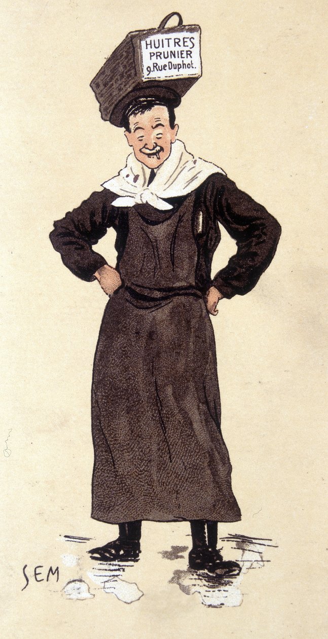 Ostereiden myyjä Prunier-myymälästä. Kromolitografia allekirjoitettu SEM (1863 - 1934). tekijältä Sem