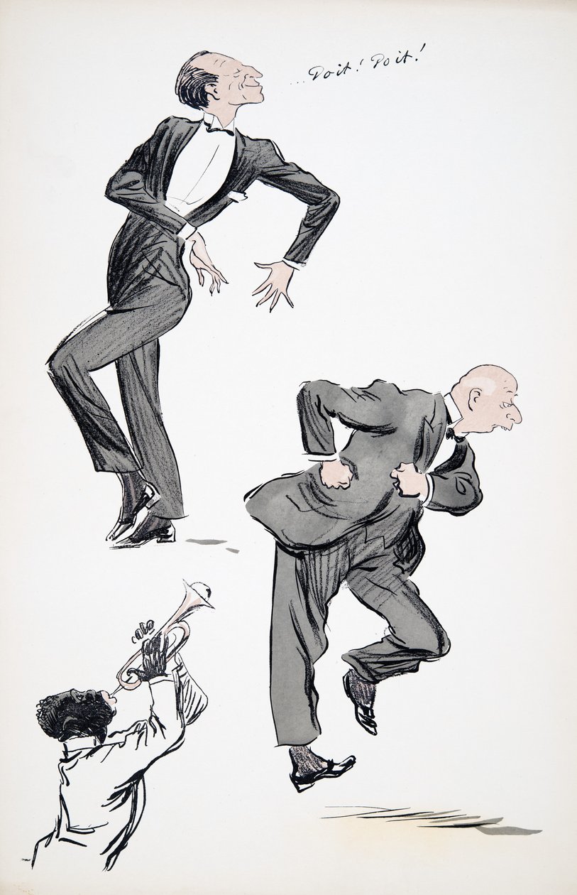 Kaksi pukumiestä tanssii muusikon soittaessa trumpettia, White Bottoms, pubi. 1927 (värikuvio) tekijältä Sem