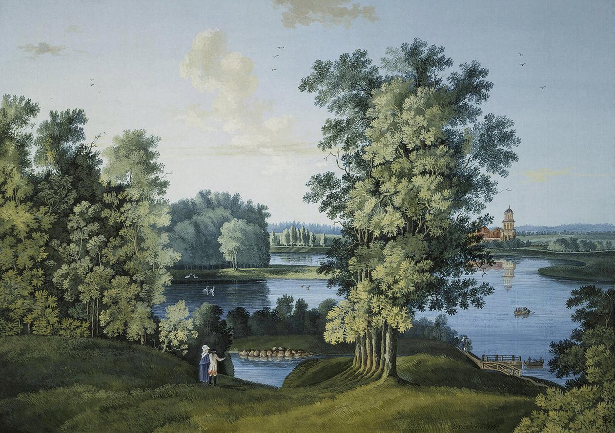 Semjon Fjodorovitš Shchedrin (Semion Chtchedrine) (1745-1804) ""Näkymä Tsarskoje Selon puiston suurelle lammelle"", guassi ja muste paperille tekijältä Semen Fedorovich Shchedrin