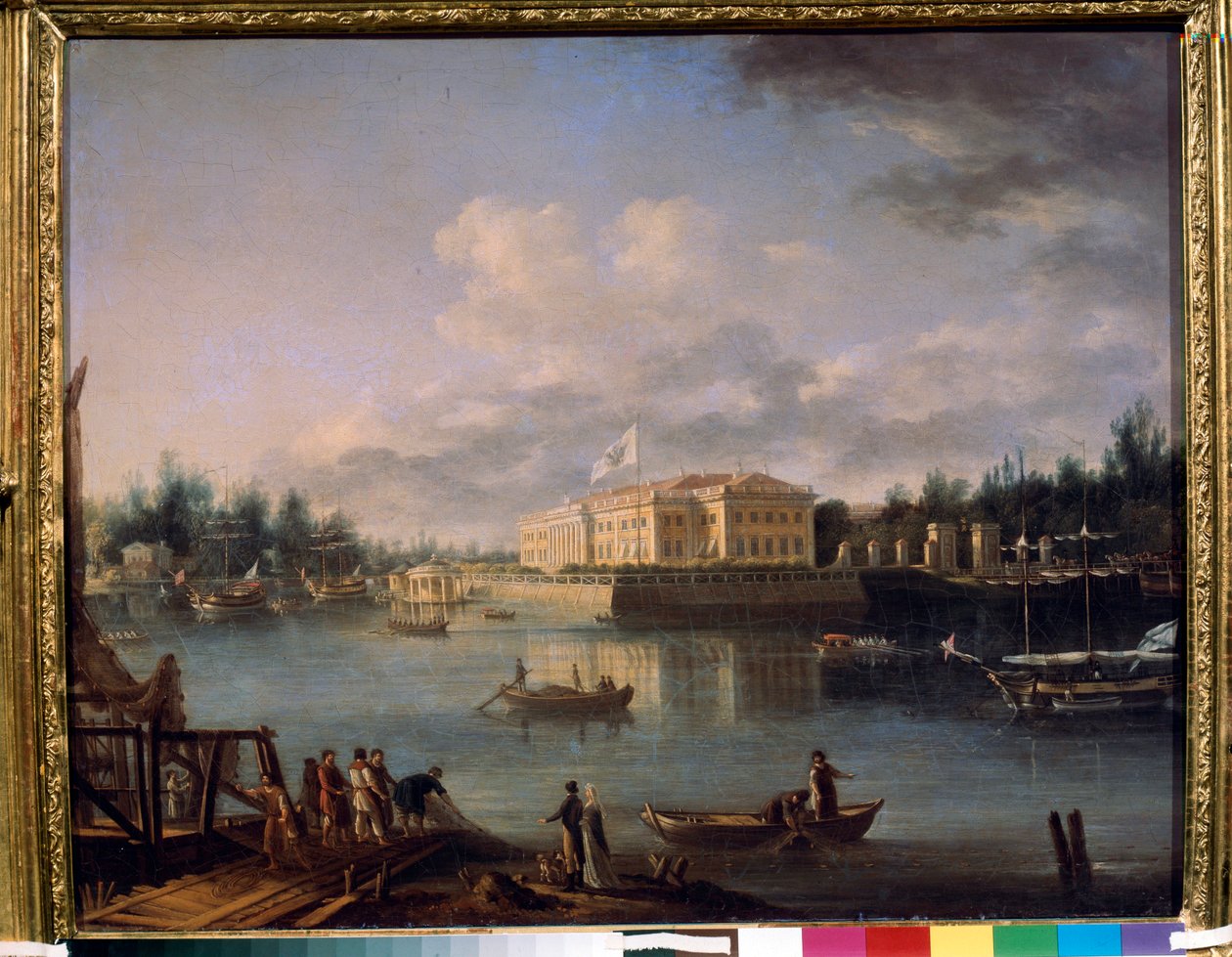 Näkymä Kamennoostrovskyn palatsille Strogonovin rantakadulta, Pietari. Semjon Fjodorovitš Shchedrin (Semion Shchedrin) (1745-1804) maalaus öljy kankaalle tekijältä Semen Fedorovich Shchedrin