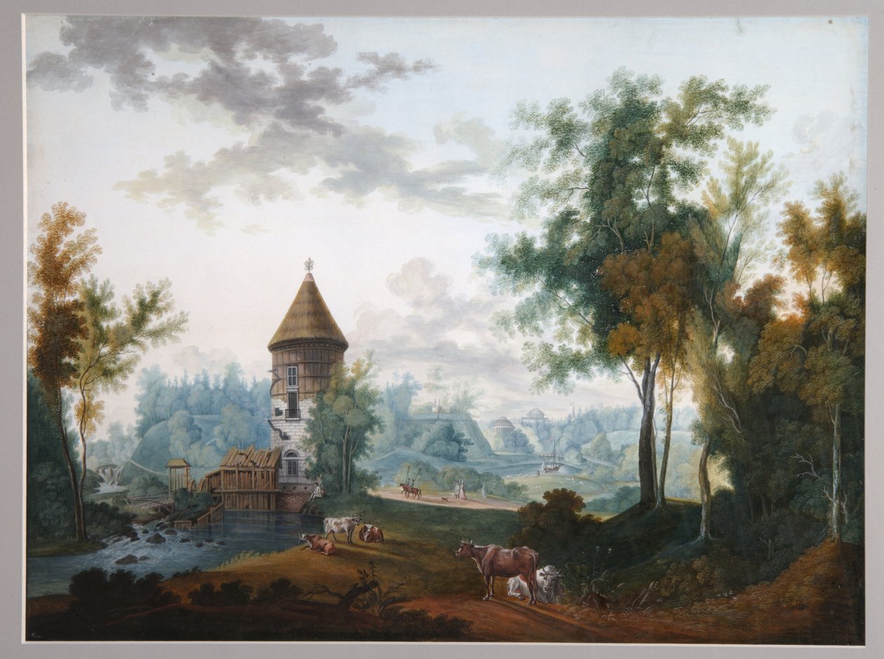 Mylly ja pilaritorni Pavlovskin puistossa, ennen 1797 tekijältä Semyon Fyodorovich Shchedrin