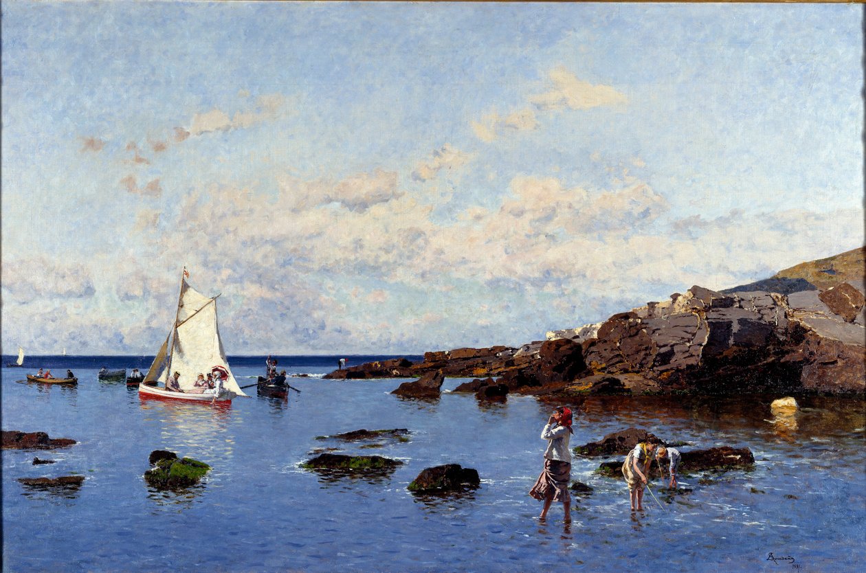 Rantanäkymä lähellä Genesiä, Italia (näkymä Rivieralle, Genova, italia) Serafin Avendano Martinezin (n. 1838-1916) maalaus 1881 Dim 85x132 cm Genes, Galleria d