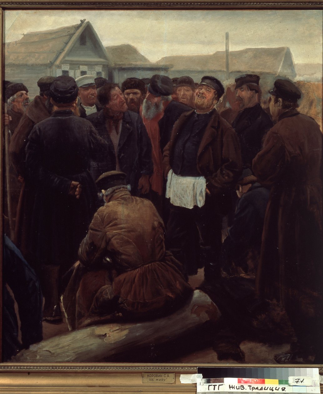 Tapaa maaseutuyhteisö. (Maayhteisön kokouksessa). Ryhmä venäläisiä talonpoikia tilojen edessä. Sergei Aleksejevitš Korovinin (1858-1908) teos, öljy paperille tekijältä Sergei Alexeyevich Korovin