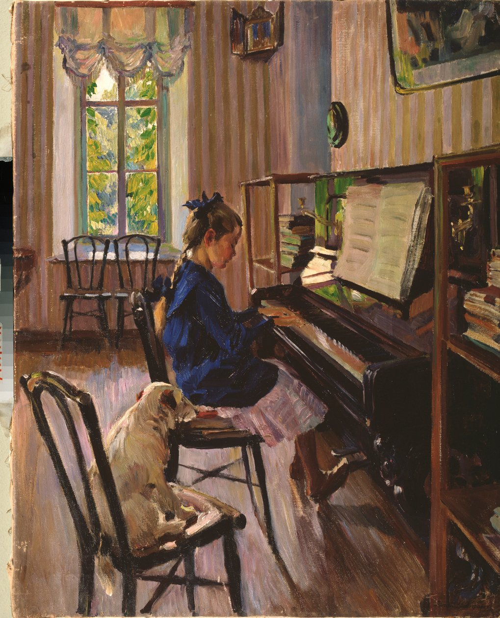 Pianolla - Sergei Arsenjevitš Vinogradovin (1869-1938) maalaus öljy kankaalle tekijältä Sergei Arsenevich Vinogradov