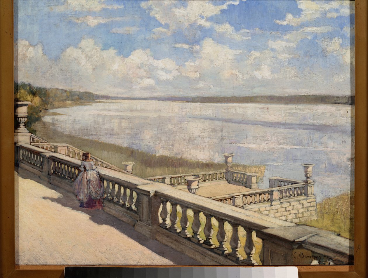 Aurinkoinen päivä, nainen kaiteessa - Sergei Arsenjevitš Vinogradovin (1869-1938) maalaus öljy kankaalle tekijältä Sergei Arsenevich Vinogradov