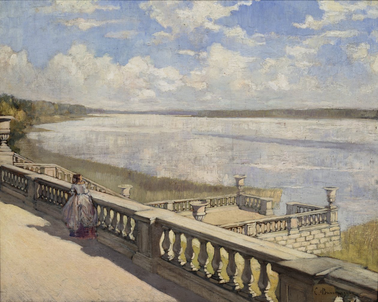 Aurinkoinen päivä. Nainen kaiteen ääressä, 1908 tekijältä Sergei Arsenevich Vinogradov
