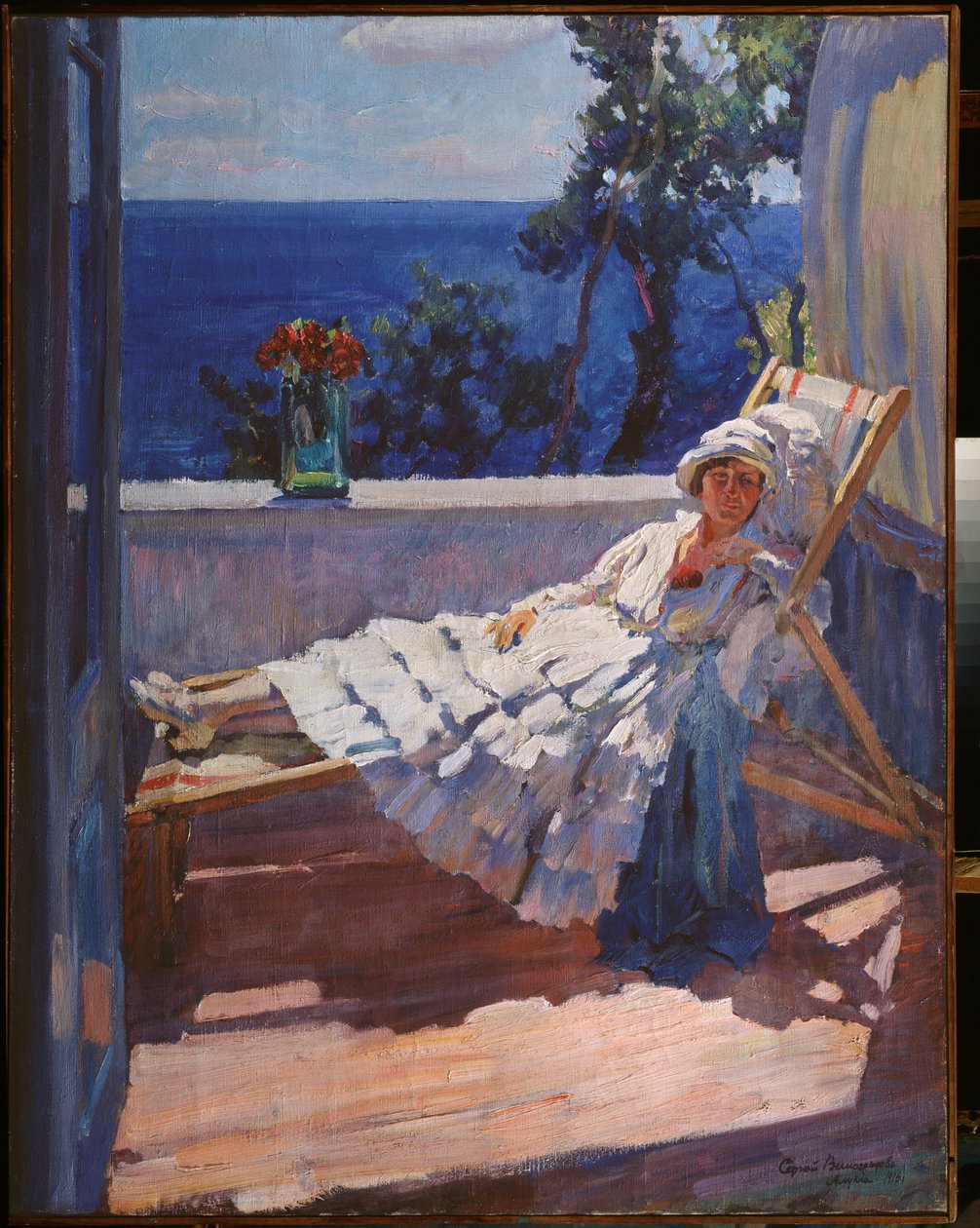 Nainen parvekkeella - Sergei Arsenjevitš Vinogradovin (1869-1938) maalaus öljy kankaalle tekijältä Sergei Arsenevich Vinogradov