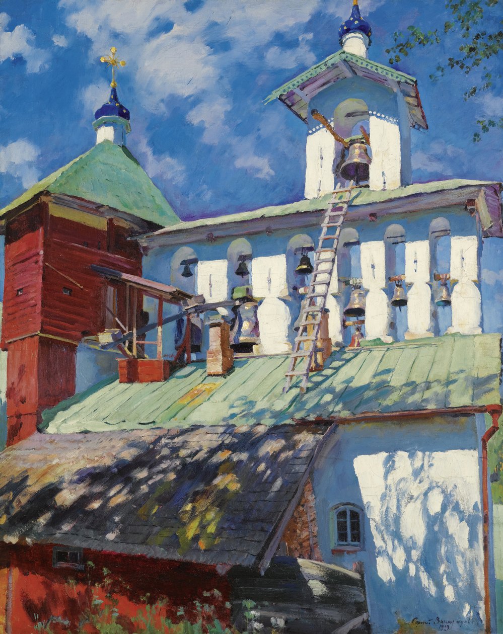 ""Näkymä Pihkovan luoliluosterin kellotornista (Pihkova-Pechory Dormition Monastery tai Pskovo-Petchersky) Petseri, Venäjä"" (Pihko-Petseri luostarin kellotorni) Sergei Vinogradovin (1869-1938) maalaus - 1929 - Öljy kankaalle Sun 8 tekijältä Sergei Arsenevich Vinogradov