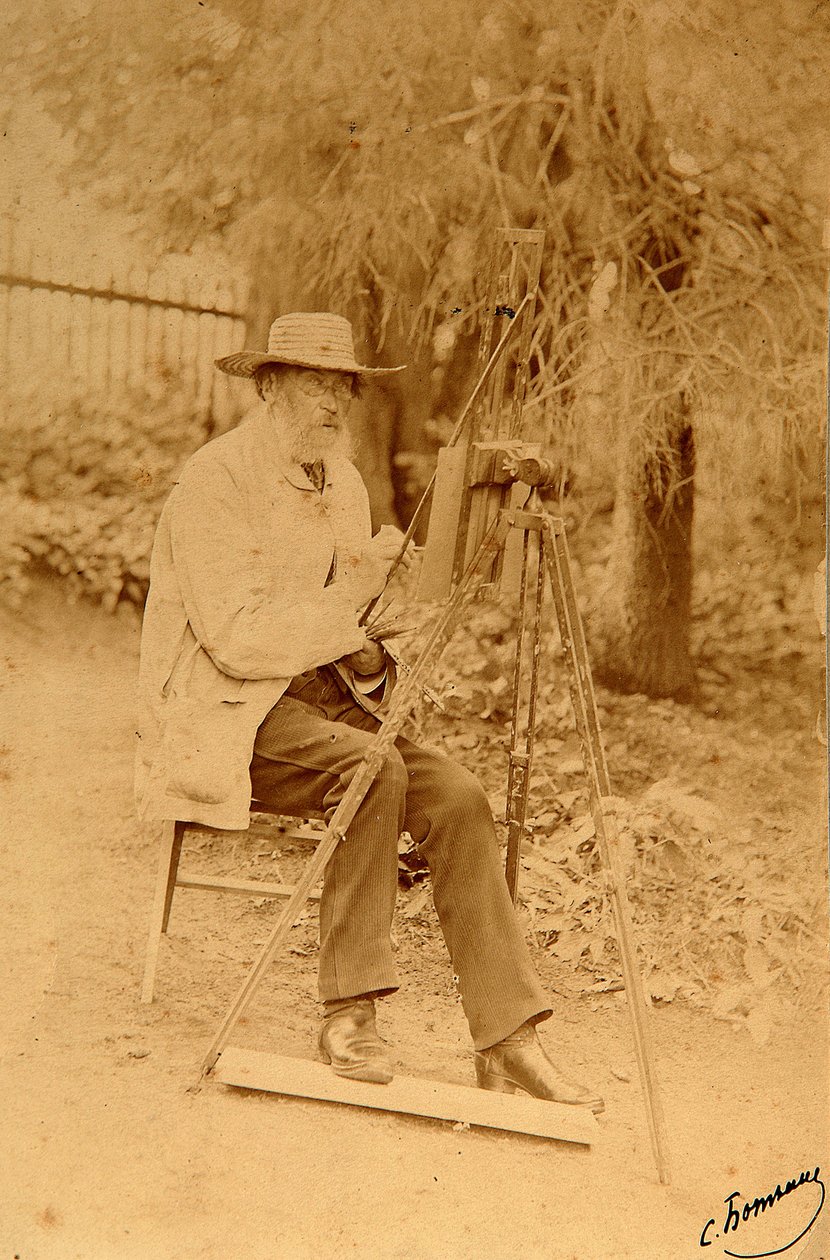 Runoilija Jakov Petrovitš Polonskin (Iakov Petrovitš Polonski) (1819-1898) muotokuva maalaustelineessä. Albumin Kuva: Sergei Dmitrievich Botkin (1869-1945) tekijältä Sergei Dmitrievich Botkin