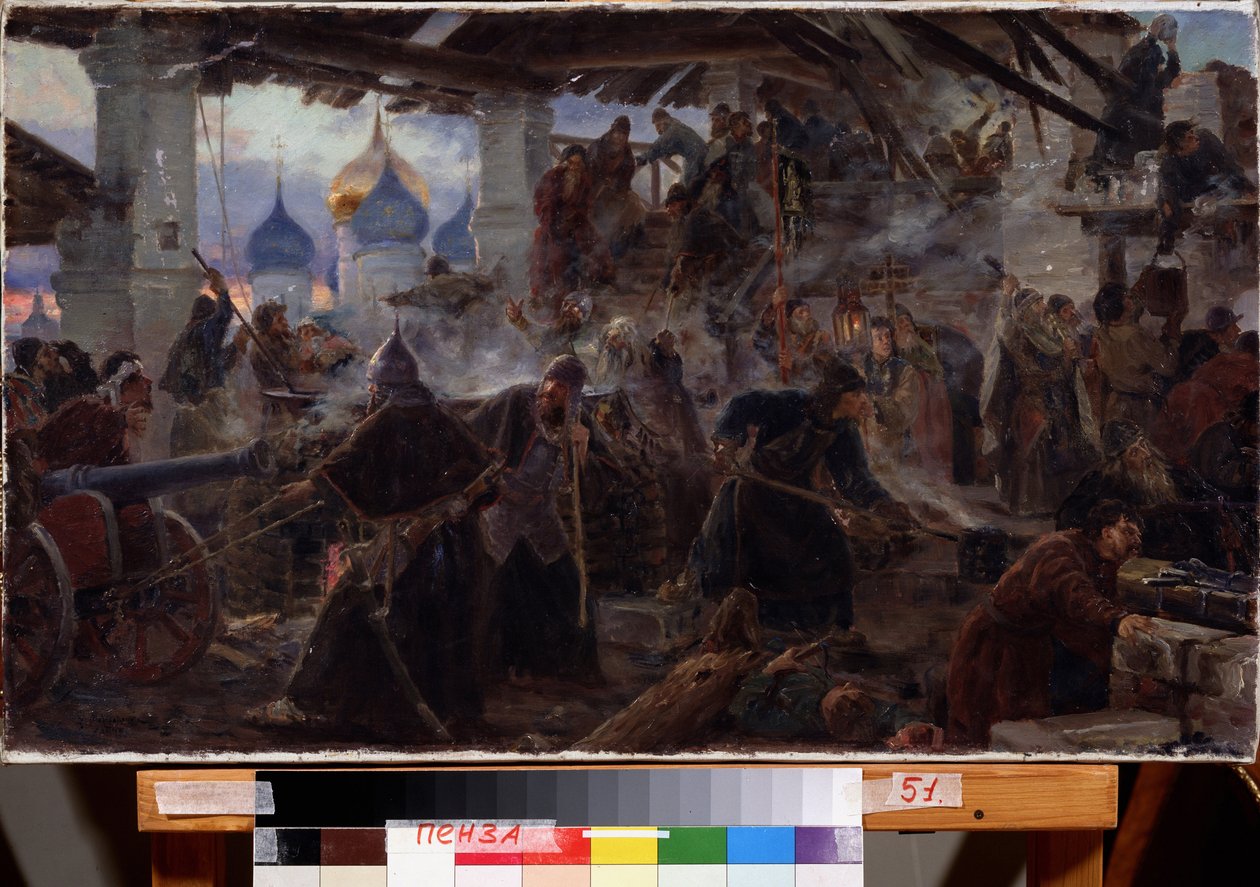 Pyhän Kolminaisuuden Lavran (Trinite-Saint-Serge) luostarin kotipaikka Sergiev Posadissa (Venäjä). (Kolminaisuuden piiritys Sergius Lavra Sergiev Posadissa). Taistelukohtaus vaikeuksien (1598-1613) ja dynastian kriisin aikana tekijältä Sergei Dmitrievich Miloradovich
