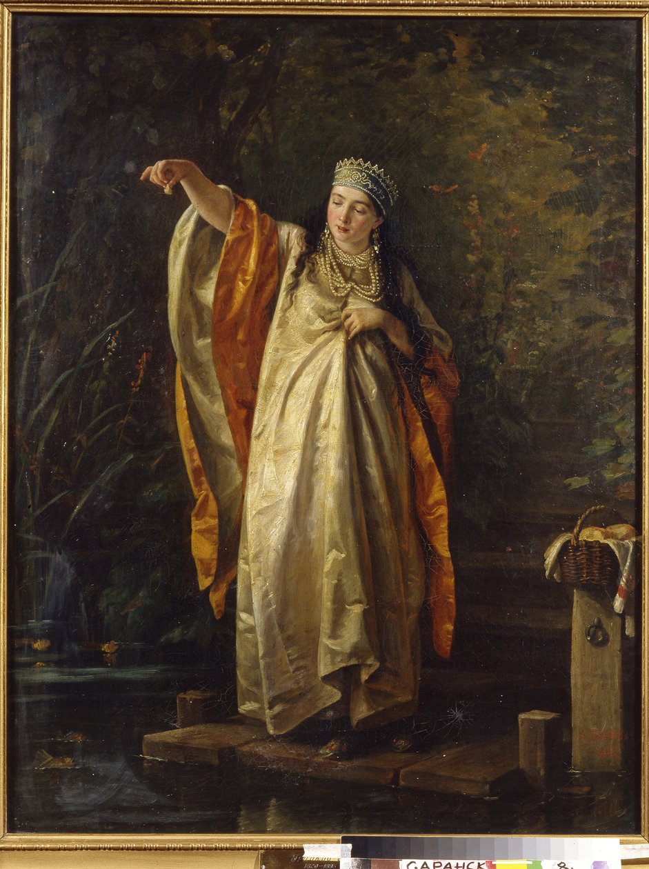 Nainen Boyar (boyar, boyar) säiliörehussa. (Boyarin vaimo tekojärvellä). Sergei Ivanovich Gribkovin (1820-1893) maalaus öljy kankaalle tekijältä Sergei Ivanovich Gribkov