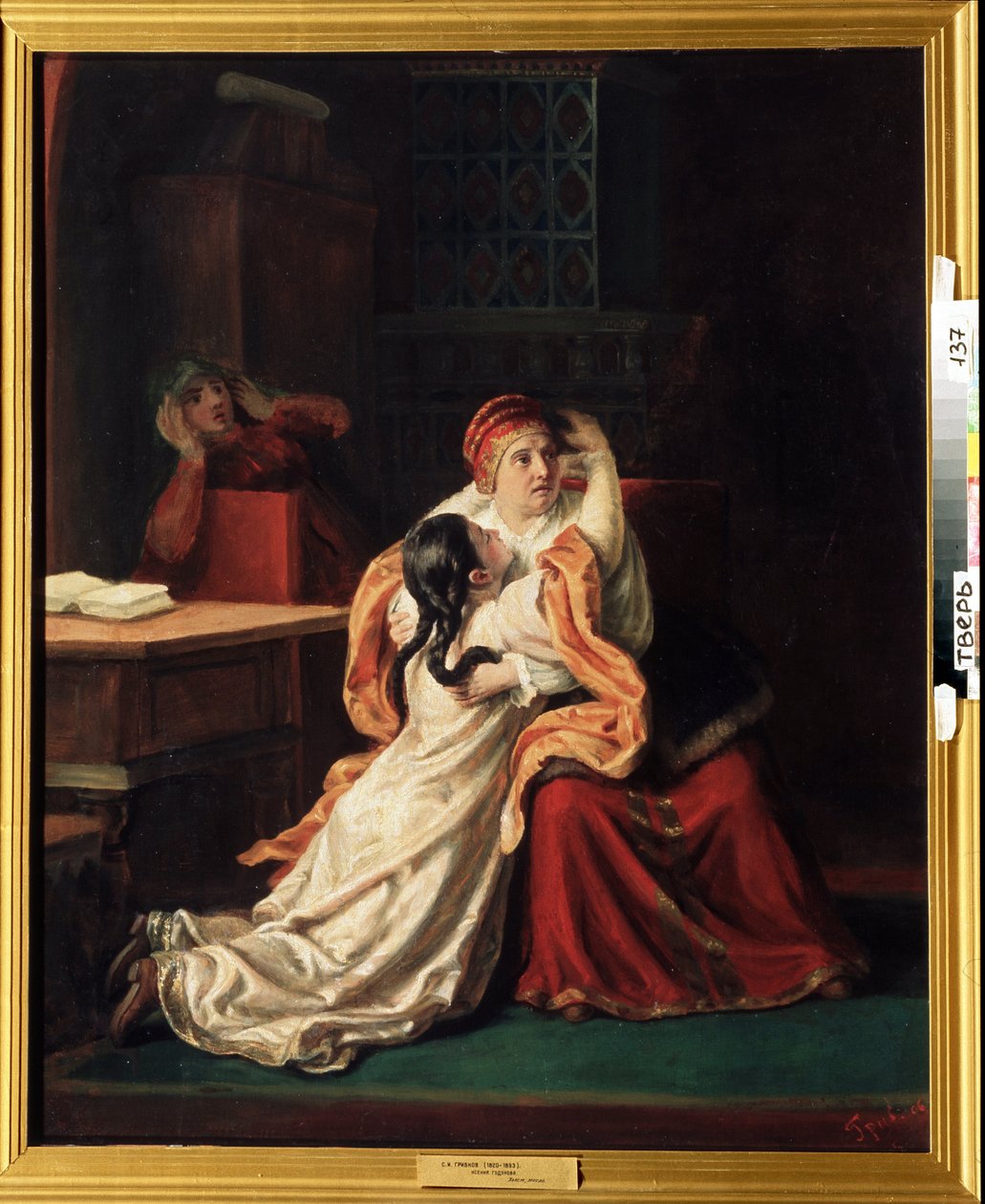 Tsaariina Ksenija Godunova (1581-1622) (Tsarevna Ksenija Godunova). Pelästynyt lapsi ryntää jonkun syliin. Sergei Ivanovitš Gribkovin (1820-1893) maalaus, öljy kankaalle, 1800-luvun venäläistä taidetta. Alueellinen taidegalleria, Tver (Venäjä) tekijältä Sergei Ivanovich Gribkov