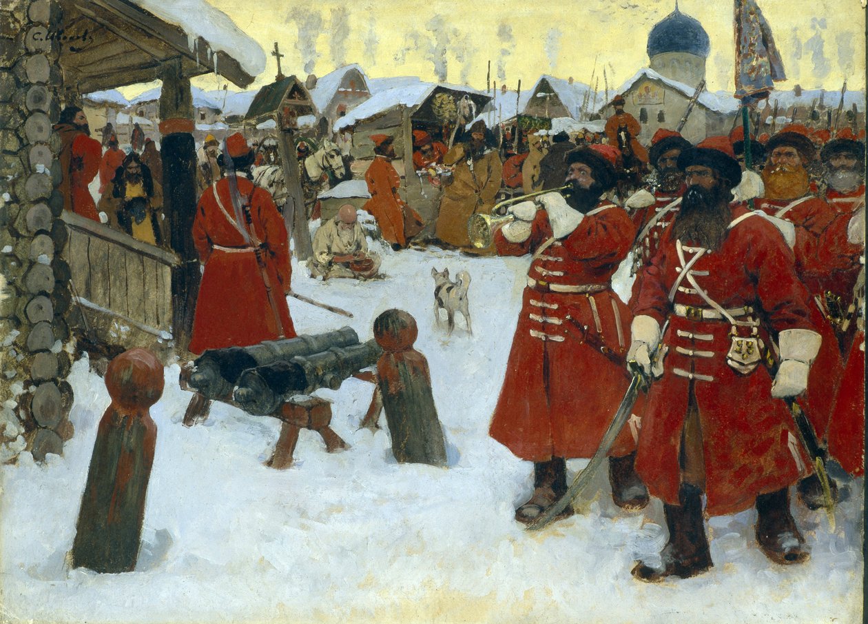 Streltsien (strelettien) ryhmä - Sergei Vasilyevich Ivanovin (1864-1910) maalaus, öljy kankaalle tekijältä Sergei Ivanovich Gribkov