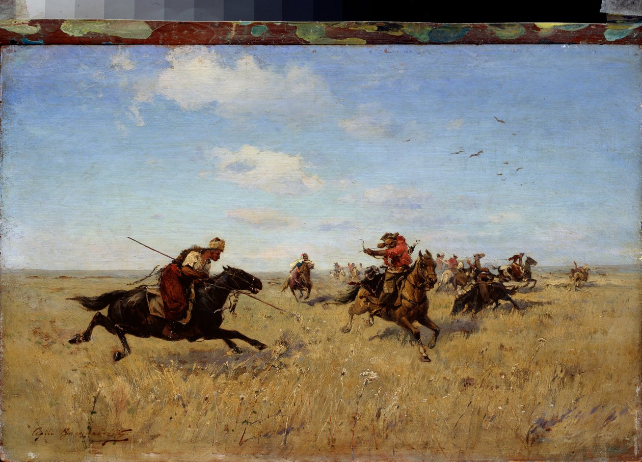 Dneprin kasakkojen ja tataarien välinen taistelu - Sergei Ivanovich Vasilkovskyn (1854-1917) maalaus, öljy kankaalle tekijältä Sergei Ivanovich Vasilkovsky