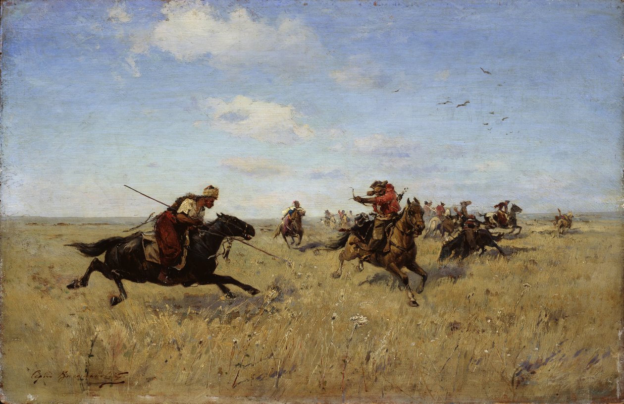 Taistelu Dneprin kasakkojen ja tataarien välillä, 1892 tekijältä Sergei Ivanovich Vasilkovsky