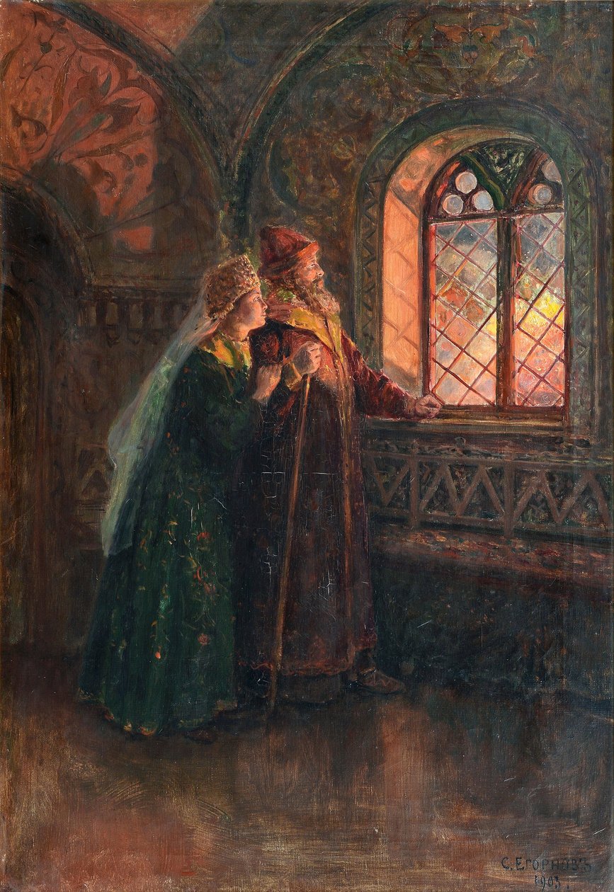 Tsaari Aleksei Mihailovitš ja Maria Miloslavskaja Moskovan tulipalossa 1903 tekijältä Sergei Semyonovich Yegornov