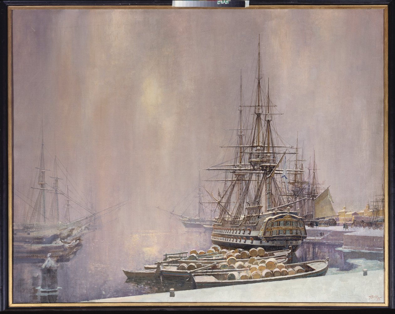Kronstadt talvella (Itämeren satama Pietari Suuren (1672-1725) aikana - Kronstadt talvella - Sergei Varlenovich Penin (s. 1952) maalaus, öljy kankaalle tekijältä Sergei Varlenovich Pen