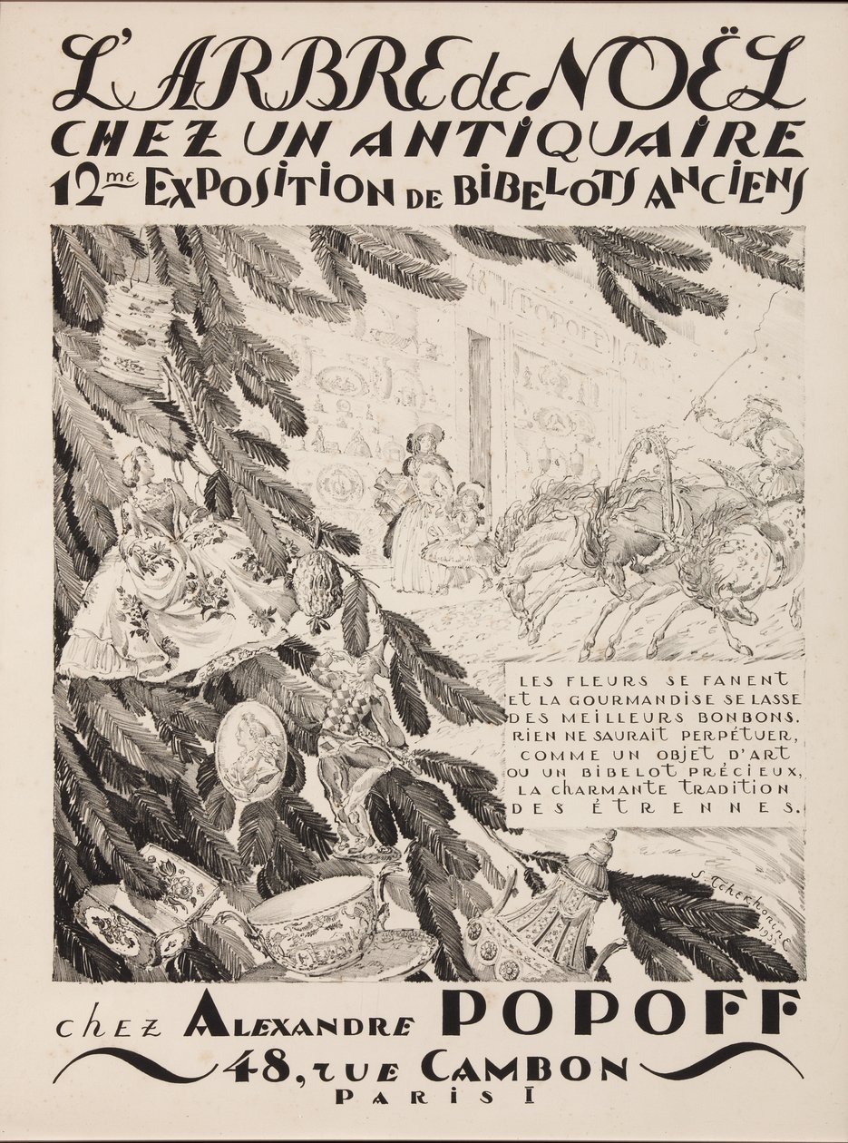 Joulukuusi antiikkikauppiaalla, 12. näyttely Alexandre Popoffissa, 1933 tekijältä Sergei Vasilevich Chekhonin