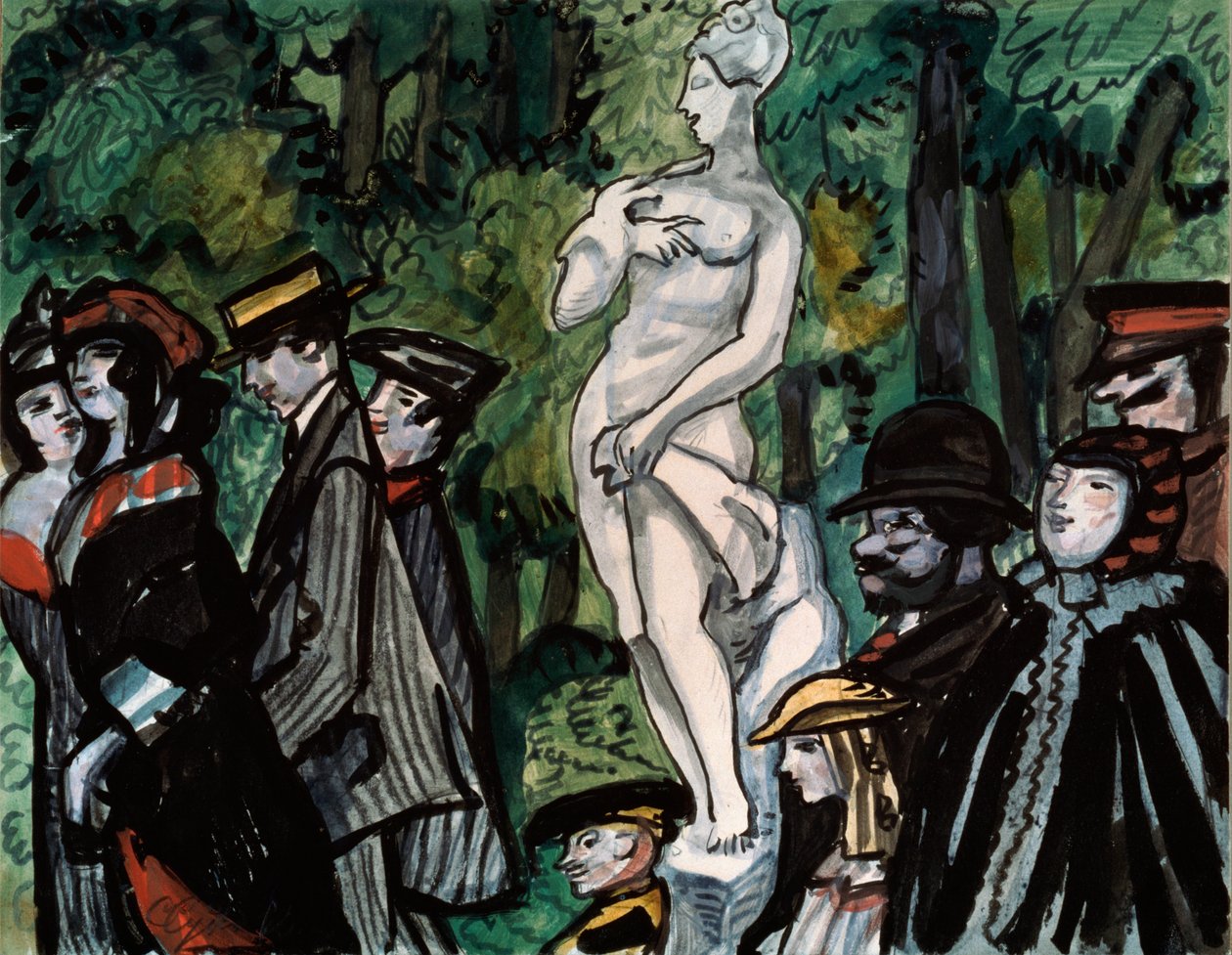 Kesäpuutarhassa. (Perheet parhaimmillaan sunnuntaina kävelyllä patsaan ympärillä Pietarissa). Sergei Jurievich Sudeykin (Serge Soudeikine) (1882-1946) työ, kynä, guassi ja muste paperille. venäläistä taidetta tekijältä Sergei Yurevich Sudeikin