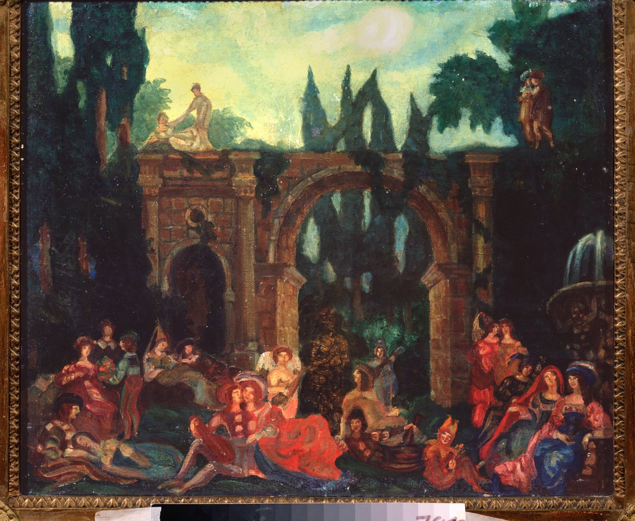 Valmisteleva sisustus Giovanni Boccaccion (Jean Boccace) näytelmään "Le Decameron" tekijältä Sergei Yurevich Sudeikin