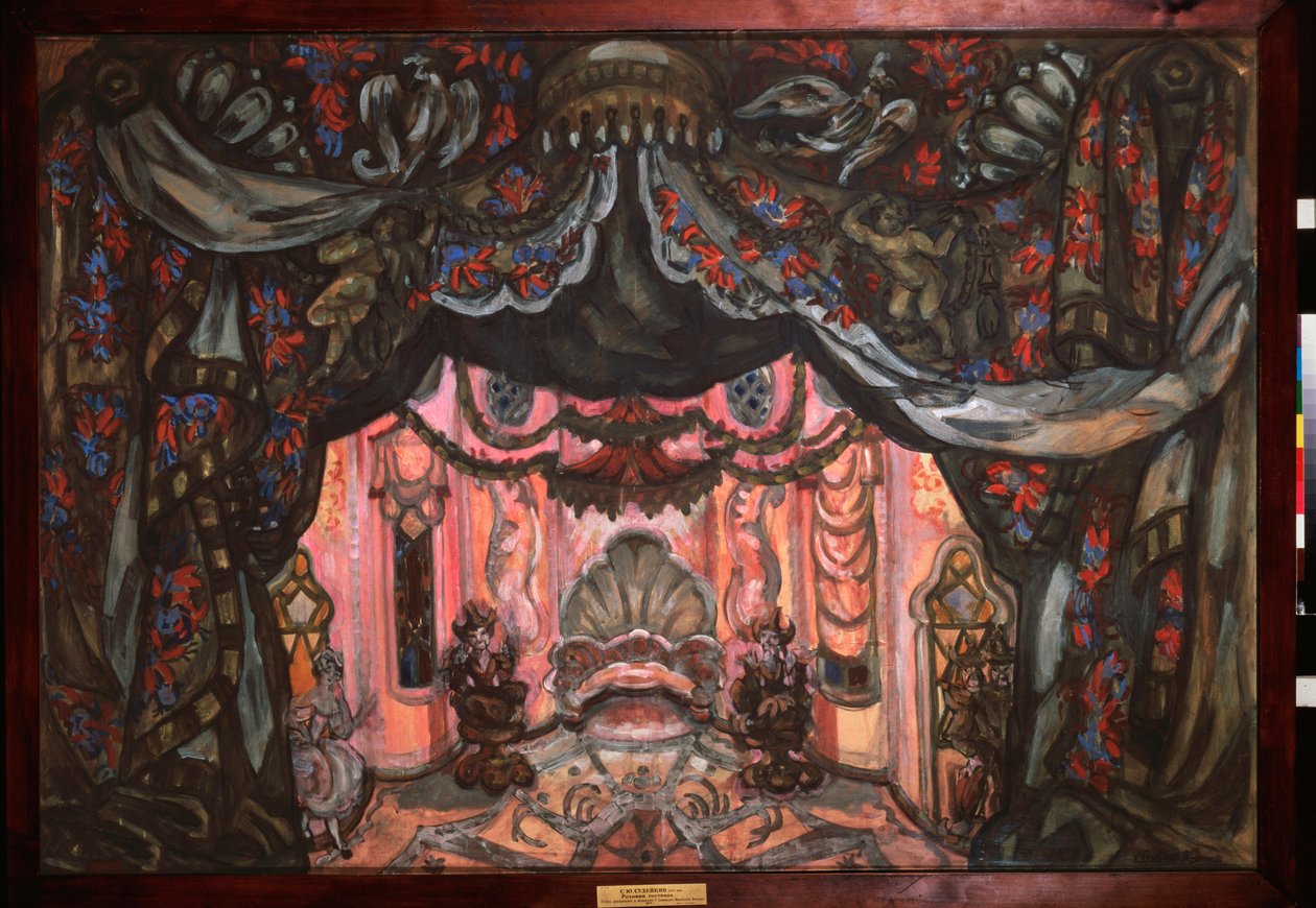 Valmisteleva sisustus Pierre Augustinin (Pierre-Augustin) Caron de Beaumarchaisin (1732-1799) näytelmään "Figaron häät". Sergei Jurievich Sudeykin (Serge Soudeikine) (1882-1946) työ, guassi ja tempera pahville tekijältä Sergei Yurevich Sudeikin