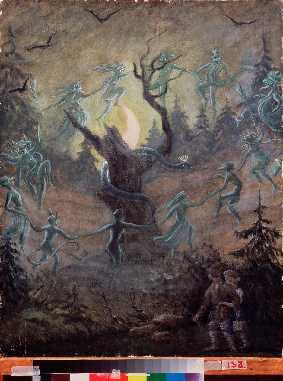 Yö Ivan Kupalan aattona (venäläinen kansanperinteen vastine johanneksenpäivälle, keskellä kesää) - Sergei Jurievich Sudeykin (Serge Soudeikine) maalaus (1882-1946), tempera puulle, venäläinen taide, f tekijältä Sergei Yurevich Sudeikin