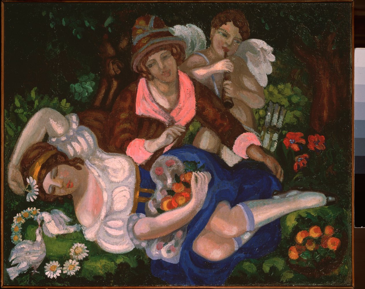Allegorinen kohtaus. (Pari rakastajaa, parin kyyhkysen ja musiikkia soittavan Cupidon ympäröimänä). Sergei Jurievich Sudeykin (Serge Soudeikine) (1882-1946) maalaus, öljy kankaalle, noin 1910. Venäläinen taide, 1900-luku, jugend, modernismi. tekijältä Sergei Yurevich Sudeikin