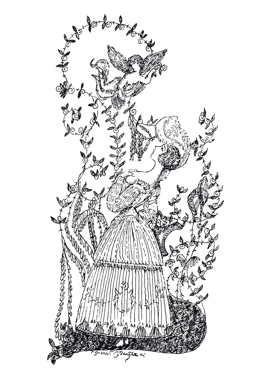 Kuvitus S. Makovskin esseelle Sininen ruusu, 1907 tekijältä Sergei Yurievich Sudeykin
