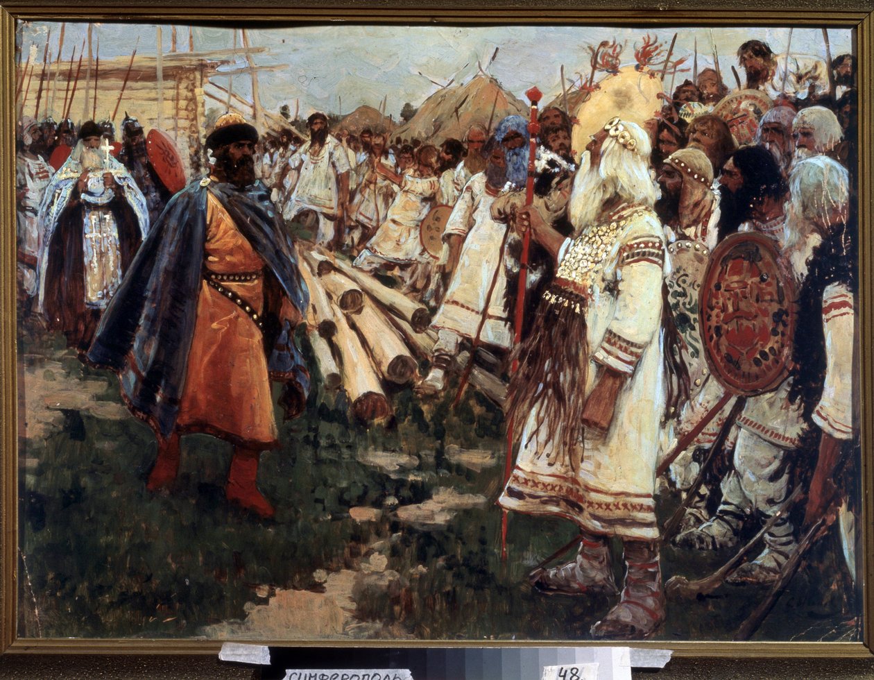 ""Kristinusko ja pakanallisuus"" Ukrainan kristinusko - Kahden uskonnon allegoria kasvotusten - Sergei Ivanovin (1864-1910) maalaus 1909 Alueellinen taidemuseo, Simferopol tekijältä Sergej Vasilevic Ivanov