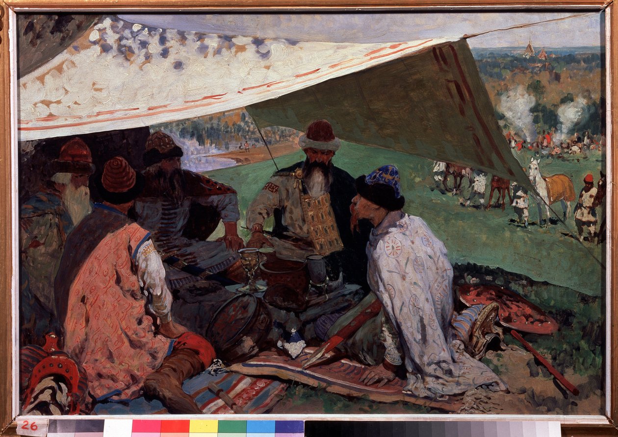 Venäjän ruhtinaiden vuosikokous. Riourikid-dynastian ruhtinaiden tapaaminen teltan alla keskiajalla. Sergei Vasilyvich Ivanovin (1864-1910) maalaus öljy kankaalle tekijältä Sergej Vasilevic Ivanov