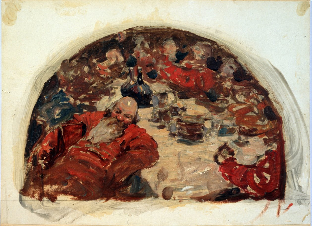 Ongelmien aika. Venäjän historian ajanjakso 1598–1613, juomakohtaus punaisiin pukuihin pukeutuneista miehistä. Sergei Vasiljevitš Ivanovin (1864-1910) teos, öljy pahville tekijältä Sergej Vasilevic Ivanov