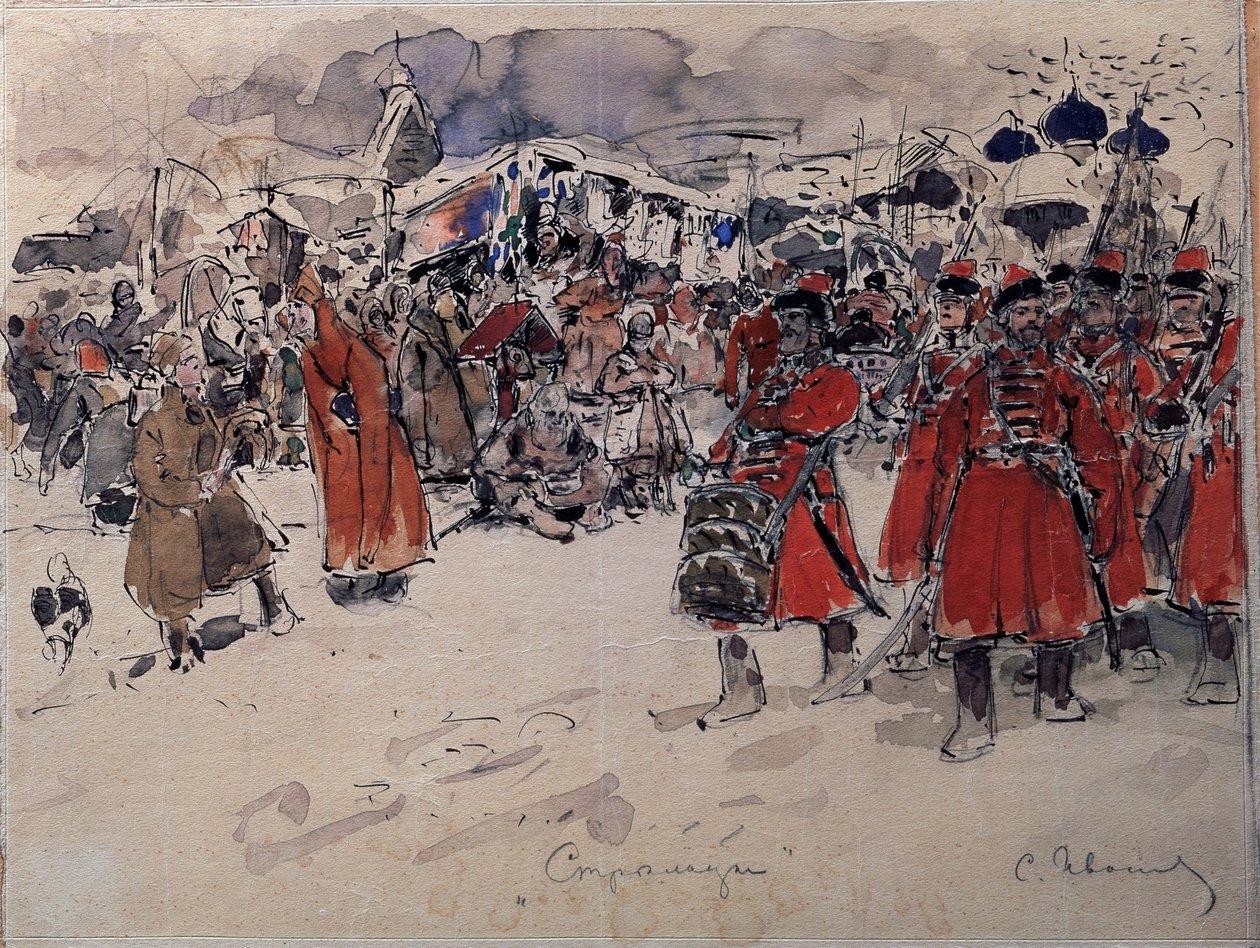 Streltsyn (tai Streletsien) joukko, venäläinen sotilaslaitos, joka oli olemassa 1500-1700-luvulla (The Streltsy). Sergei Vasilyevich Ivanovin (1864-1910) teos, akvarelli paperille, venäläinen taide, 1800-luvun loppu 1900-luvun alku. Valtion United Art Muse tekijältä Sergej Vasilevic Ivanov