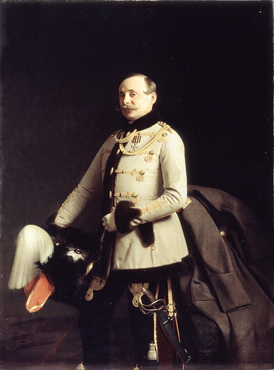Muotokuva Aleksanteri Dmitrievich Ponomarevista, Hänen Majesteettinsa Hengenvartijahusaarirykmentin Porutšikista, 1855 tekijältä Sergey Konstantinovich Zaryanko